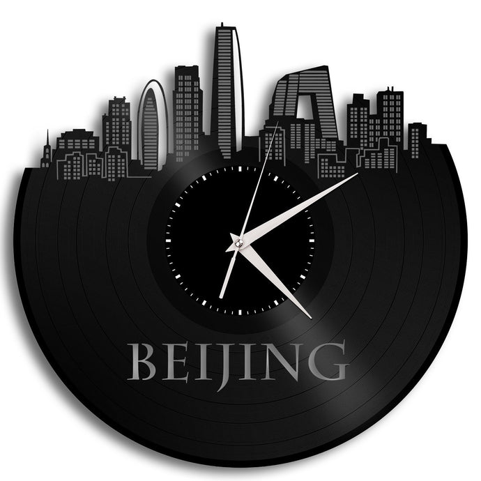 Quartz Silent Clock, Beijing China Skyline, Chinese Gift, World Travel Art, Vinyl Record Clock, Personalized Label, Creative Wall Decor - VinylShop.US