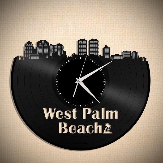 Skyline Clock - West Palm Beach,  Wall Clock, Cityscape Clock, Vinyl Record Clock,  Unique Wall Clock,  Large Wall Clock, Vinyl Clock - VinylShop.US